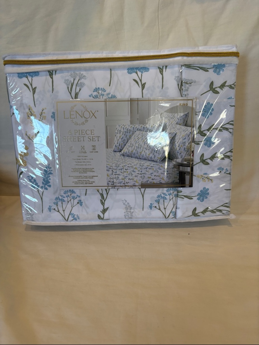 Lenox White King Size Sheet Set w/Blue & Green Floral Print with 4 Pillowcases